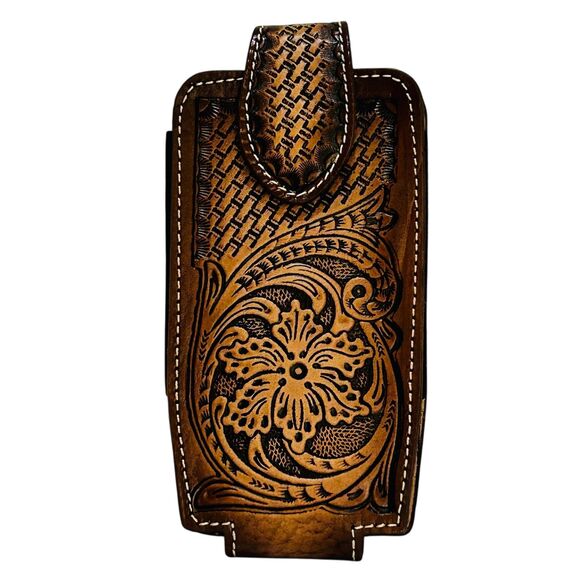 Western Leather Cell Phone holster brown - hand tooled,Funda de piel vaquera - Picture 1 of 4